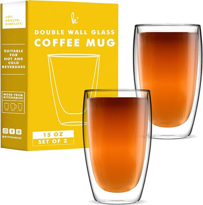Kitchables Double Walled Glass Coffee Mugs Set of 2, 15oz Insulated Glass Coffee Mugs for Cappuccino, Latte, Tea, Espresso - Latte Cup - Tazas Para Cafe
