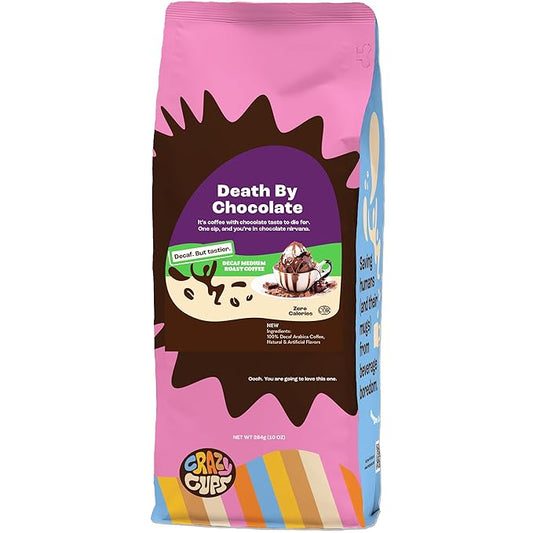 Crazy Cups Flavored Ground Decaf Chocolate Coffee in 10 oz Bag, For Brewing Flavored Hot or Iced Coffee