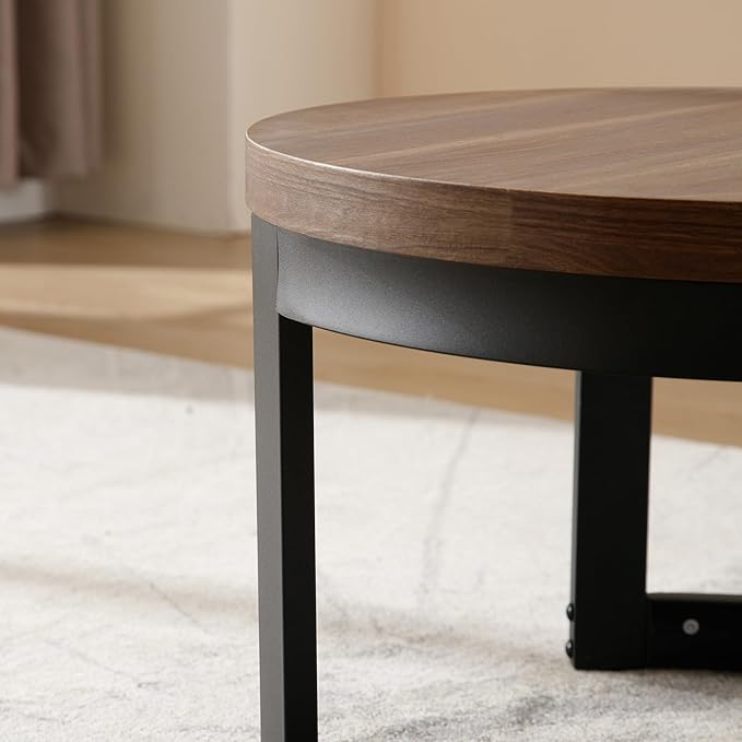 Wahson Mid-Century Modern Coffee Table, 23.5" Wide Round Coffee Table for Living Meeting Room/Reception Room/Office/Espresso with Black Iron Legs, Rustic Brown