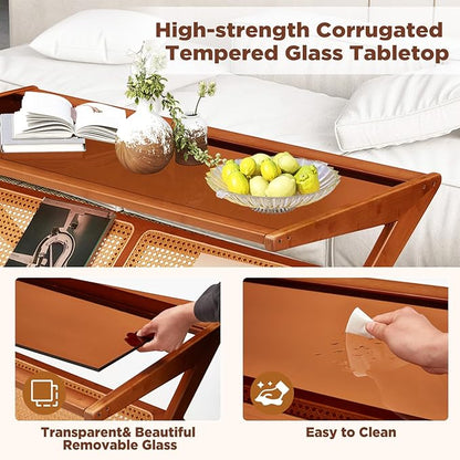 47" Mid-Century Modern Coffee Table with Glass Top, Bamboo Accent Bedside Tables, Glass Nightstand Side Table and Boho Wooden End Table with Storage for Living Room Table Brown