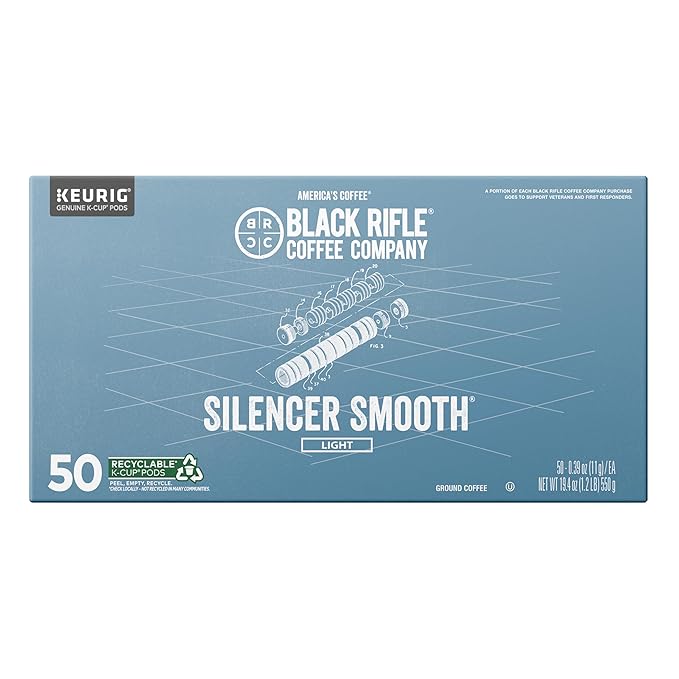 Black Rifle Coffee Company Silencer Smooth, 50 Count, Light Roast K Cups - Single Serve K Cups Coffee Pods - Kcup Pods Compatible with Keurig 1.0 & 2.0 - Made from Arabica Beans