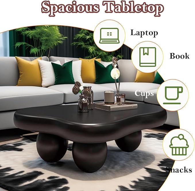 Irregular Cloud Coffee Table with 3 Stable Durable Ball Legs Asymmetrical Chic Low Center Table - Spacious Table for Cups Snacks Fruits Photo (L-47.24in)