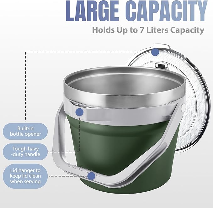 COKTIK 7L Vacuum Insulated Ice Bucket with Lid and Scoop& Tongs，Large capacity Stainless Steel Beverage Bucket for Cocktail, Champagne, Wine, Beer，Large Parties（Army Green Suit）