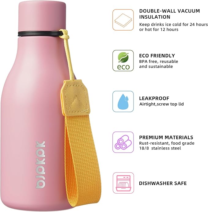 BJPKPK Insulated Water Bottles, 12oz Stainless Steel Metal Water Bottle with Strap, BPA Free Leak Proof Jugs, Mugs, Flasks, Reusable Thermal Flasks for Sports & Travel, Light Pink
