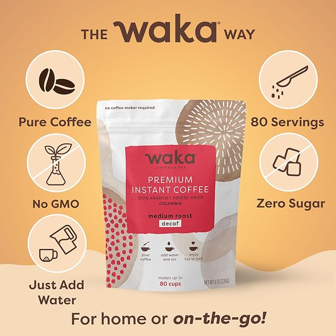 Waka Premium Decaf Instant Coffee Pouch — 100% Colombian Arabica Freeze Dried Beans — For Hot or Iced Coffee (8 Ounces, Decaf Medium Roast)