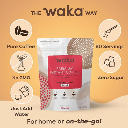 Waka Premium Decaf Instant Coffee Pouch — 100% Colombian Arabica Freeze Dried Beans — For Hot or Iced Coffee (8 Ounces, Decaf Medium Roast)