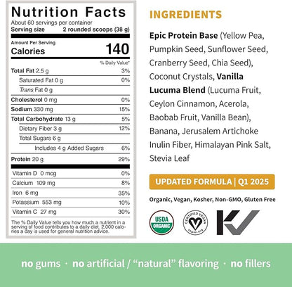 Sprout Living Epic Protein, Plant Based Protein & Superfoods Powder, Vanilla Lucuma Powder | 20 Grams Organic Protein Powder, Vegan, Non Dairy, Non-GMO, Gluten Free, Low Sugar (5 Pound, 60 Servings)