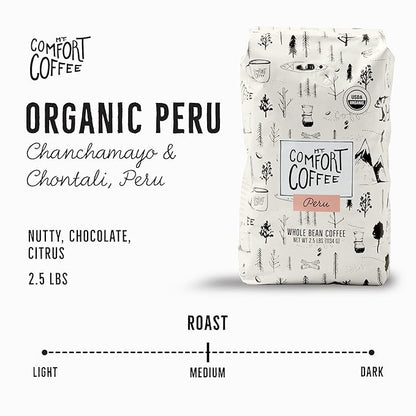 Mt. Comfort Coffee Organic Peru Medium Roast, 2.5 Pounds - Flavor Notes of Nutty, Chocolate, & Citrus - Sourced From Small, Peruvian Coffee Farms - Roasted Whole Beans