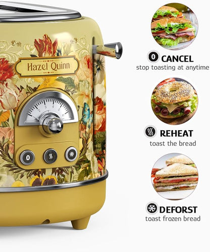 Hazel Quinn X Eduardo Recife Collaboration 2-Slice Retro Toaster, 6 Browning Levels, 3 Functions-Defrost/Reheat/Cancel, Removable Crumb Tray for Easy to Clean, 1.5 Inches Extra Wide Slots