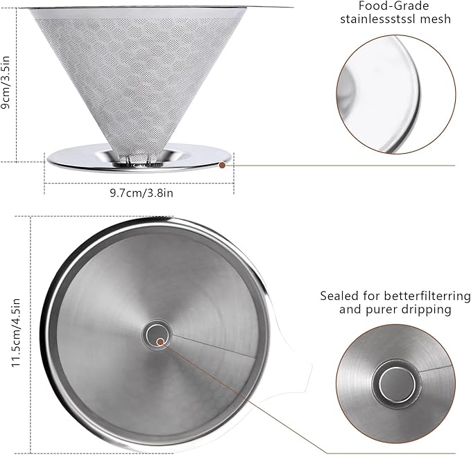 Pour Over Coffee Maker 1-4 Cup, V60 Pour Over, 18/10 Stainless Steel Laser Coffee Dripper, Fine Mesh Double Layer Metal Cone Filter, Colador De Cafe