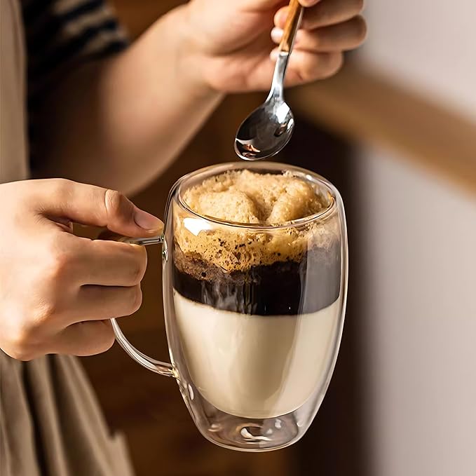Set of 2 Double Walled Glass Coffee Mugs 16 Ounces Insulated Layer Coffee Cups with Handle Borosilicate Glass Espresso Cup for Hot Beverage,Cappuccino,Tea,Latte,Wine,Microwave Safe