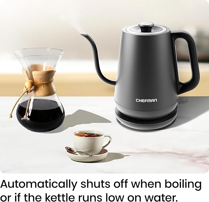 Chefman Gooseneck Electric Kettle, 0.8L Pour Over Tea Kettle for Coffee and Tea, One-Touch Operation, Boil-Dry Protection, Auto Shut-Off, Ultra-Fast Hot Water Boiler – Black