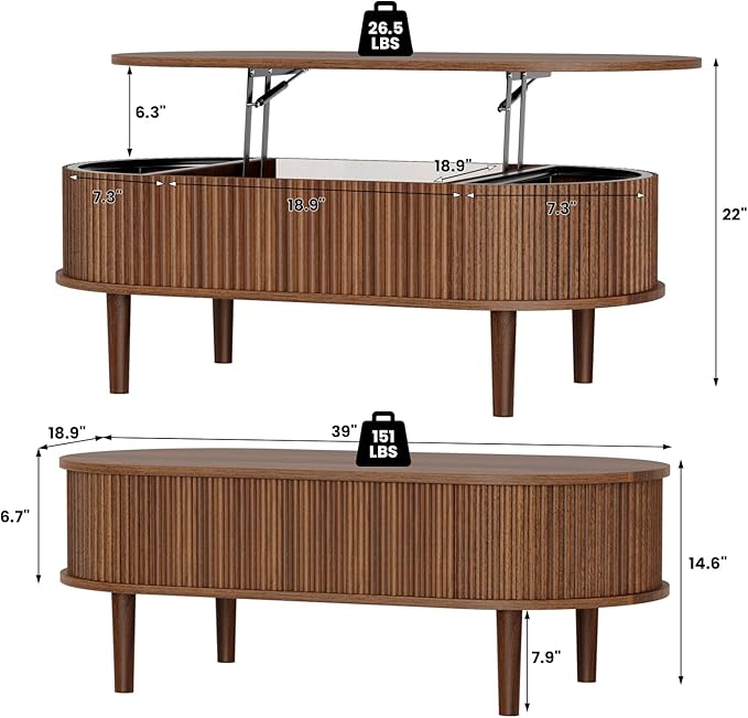 BREEZEHEAT Fluted Lift Top Coffee Table, 39" Mid Century Modern Coffee Table, Hidden Compartment & Fully Assembled Centre Table Oval Lift Tabletop for Living Room, Small Space, Home Office, Walnut