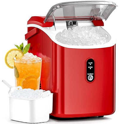 Nugget Countertop Ice Maker with Soft Chewable Pellet Ice, 34Lbs/24H,Pebble Portable Ice Machine with Ice Scoop, Self-Cleaning, One-Click Operation, for Kitchen/Office/Bar, Red
