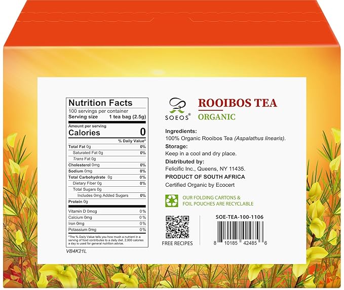 Soeos Organic Rooibos Tea, 100 Teabags, Naturally Caffeine Free, USDA and Non GMO Certify, Smooth and Robust Flavor, Excellent for Hot or Iced Brew, 9oz (250g)