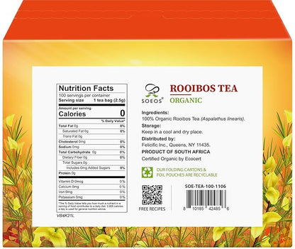 Soeos Organic Rooibos Tea, 100 Teabags, Naturally Caffeine Free, USDA and Non GMO Certify, Smooth and Robust Flavor, Excellent for Hot or Iced Brew, 9oz (250g)