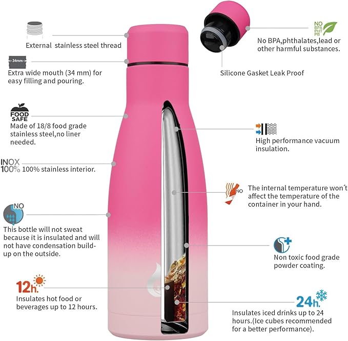 BJPKPK Insulated Water Bottle 12oz Small Stainless Steel Water Bottles Reusable Metal Thermal Keep Cold and Hot,Cherry