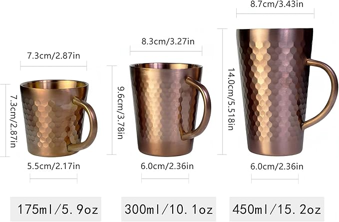 YJX 10oz Coffee Mugs Set of 4, Hammered 304 Stainless Steel Double Mug for Gifts, Lightweight Copper Teacups with Handle, Cups for Tea, Cold Drinks, Beer, Wine, Bars, Parties(300ml)
