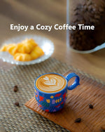 Load image into Gallery viewer, Ceramic Espresso Cups Set of 2 – Mini 3 oz Double Espresso Coffee Cups with Cute Q Handle, Floral and fruit Patterns, Small Blue Demitasse Shot Cups for Coffee Machine