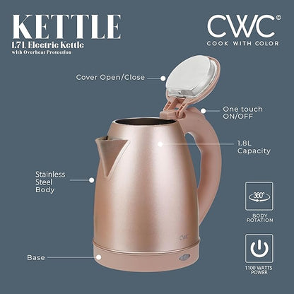 COOK WITH COLOR Electric Kettle - Rapid Boil, Sleek Design, and Safety Features - Great for Quick and Easy, Stainless Steel Blush, 1.7 Liters