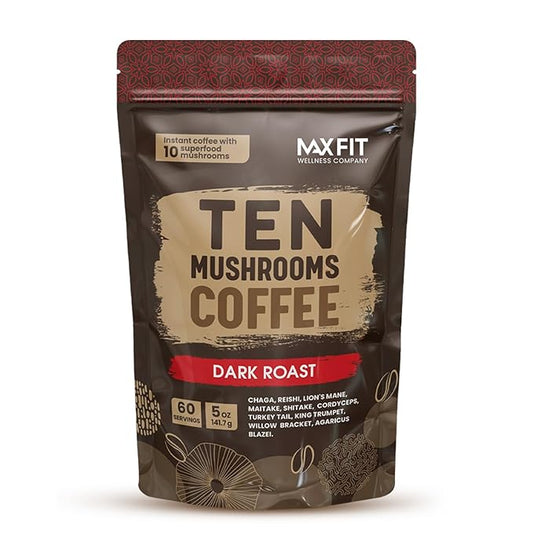 Instant Mushroom Coffee Dark Roast (60 Servings) With 10 Mushrooms (Lions Mane, Cordyceps, Turkey Tail & Other) Mixed With Gourmet 100% Arabica Instant Coffee for Focus & Gut Health Support
