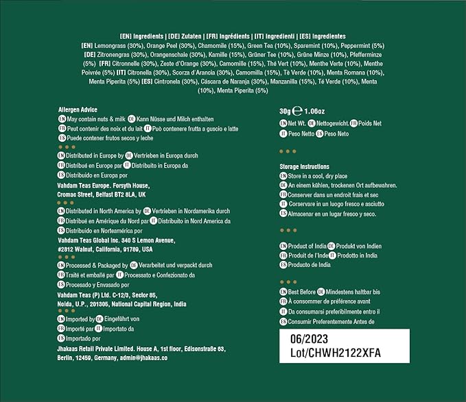 VAHDAM, Chamomile Mint Citrus Green Tea Bags (30 Count) Low Caffeine, Non GMO, Gluten Free | Sweet & Floral | Resealable Ziplock Pouch | Individually Wrapped Chamomile Tea Bags