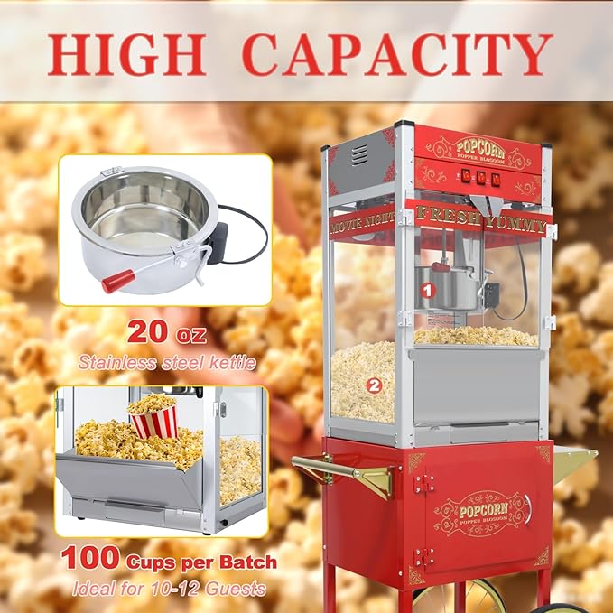 20oz Popcorn Machine with Cart, Wheels & Stainless Steel Kettle, Vintage Movie Theater Style, Popcorn Maker Machine for Parties, Events, Home & Commercial Use, Red