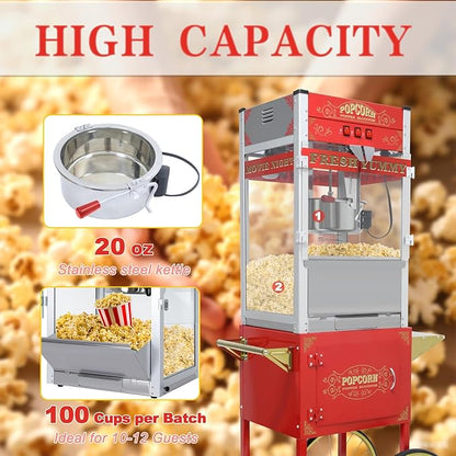 20oz Popcorn Machine with Cart, Wheels & Stainless Steel Kettle, Vintage Movie Theater Style, Popcorn Maker Machine for Parties, Events, Home & Commercial Use, Red
