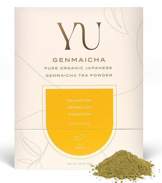 Yu Tea Organic Genmaicha Green Tea Powder, Instant Packets | Japanese Green Tea & Roasted Brown Rice | Low Caffeine & Unsweetened | Relaxation, Antioxidants & Digestion | Single Serve Sticks, 30 Ct