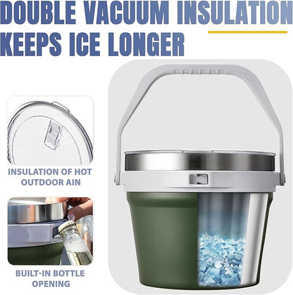 COKTIK 7L Vacuum Insulated Ice Bucket with Lid and Scoop& Tongs，Large capacity Stainless Steel Beverage Bucket for Cocktail, Champagne, Wine, Beer，Large Parties（Army Green Suit）