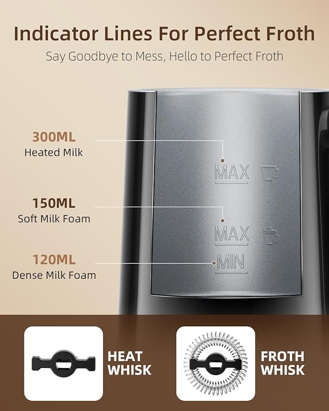 Facelle Milk Frother, 4-in-1 Electric Milk Steamer and Frother, 10oz/300ml Automatic Hot & Cold Foam Maker and Milk Warmer with Auto Shut-Off, for Latte, Cappuccino, Macchiato, Hot Chocolate - Black