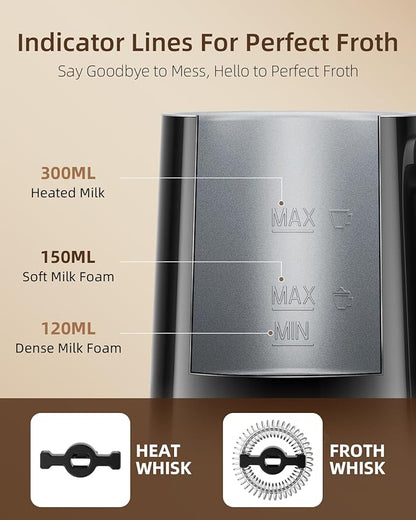 Facelle Milk Frother, 4-in-1 Electric Milk Steamer and Frother, 10oz/300ml Automatic Hot & Cold Foam Maker and Milk Warmer with Auto Shut-Off, for Latte, Cappuccino, Macchiato, Hot Chocolate - Black