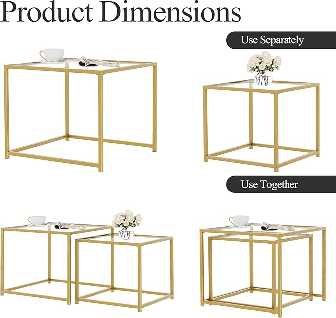 VILAWLENCE Coffee Table Set of 2, Modern Gold Glass Side Table, Metal Frame Square End Table, Center Tables, Nesting Coffee Table for Living Room, Bedroom and Small Spaces, 23.6in