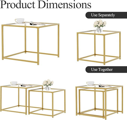 VILAWLENCE Coffee Table Set of 2, Modern Gold Glass Side Table, Metal Frame Square End Table, Center Tables, Nesting Coffee Table for Living Room, Bedroom and Small Spaces, 23.6in