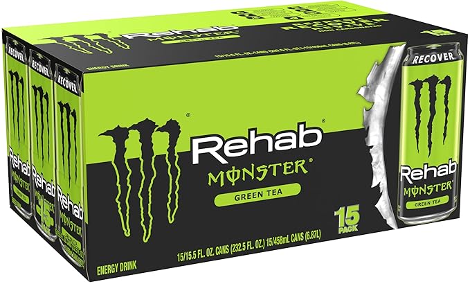 Monster Energy Rehab Green Tea + Energy, Energy Iced Tea, Energy Drink 15.5 Ounce (Pack of 15)