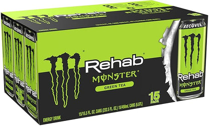 Monster Energy Rehab Green Tea + Energy, Energy Iced Tea, Energy Drink 15.5 Ounce (Pack of 15)