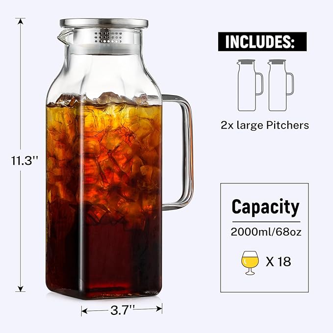 Netany 2 Pack 2 Liters/68 oz Square Glass Pitcher with Lid and Handle for Fridge, Iced Tea and Coffee Carafe Beverage Serveware, Heat Resistant Borosilicate Water Jug for Hot/Cold Drinks and Milk