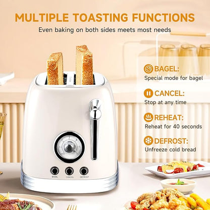 Beige Cute Retro Toaster 2 Slice with 1.58" Wide Slots, Bread toaster with Cover and Warm Rack, Stainless Steel Toaster with Removable Crumb Tray, Preheat, Defrost, Cancel Function (Cream)