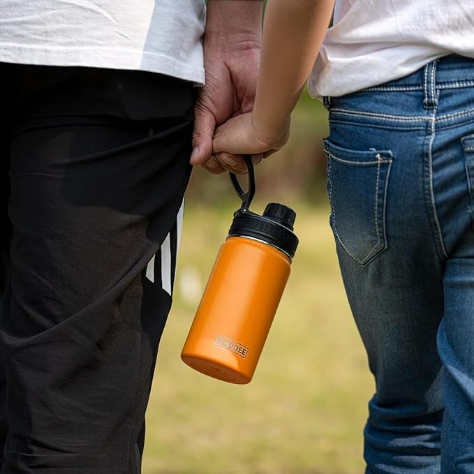 koodee Small Water Bottle 12 oz Stainless Steel Vacuum Insulated Wide Mouth Water Bottle with Leakproof Spout Lid（Cosmic Orange）