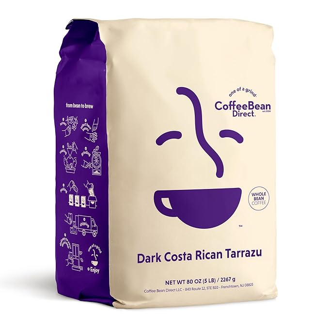 Coffee Bean Direct Dark Costa Rican Tarrazu, Whole Bean Coffee, Dark Roast, 5 Pound Bag (Pack of 1)
