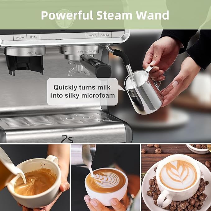 Semi-Automatic Espresso Machine - 1450W/20 Bar Professional Coffee Machine, 30 Grinder Settings, Fast Heating, Milk Frother Steam Wand, Home & Hotel Use, Silver