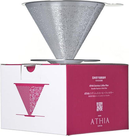 ATHIA Reusable Coffee Filter, Stainless Steel Pour Over Dripper with Laser-etched Mesh Cone, Eco-Friendly Paperless Design, Fits Most Mugs, Carafes & Hario brewers (Silver, Flower Carving)
