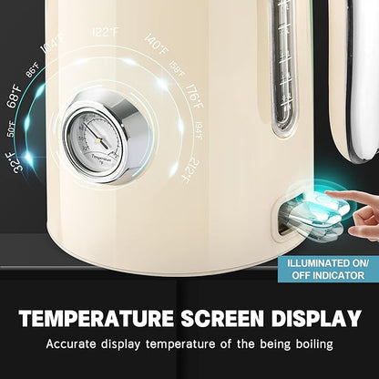 SUSTEAS Electric Kettle - 57oz Hot Tea Kettle Water Boiler with Thermometer, 1500W Fast Heating Stainless Steel Tea Pot, Cordless with LED Indicator, Auto Shut-Off & Boil Dry Protection, Beige