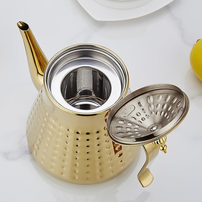 SANQIAHOME 1.2L(40oz) Stainless Steel Hammer Patterned Teapot With Removeable Infuser,Loose leaf cover,Gold