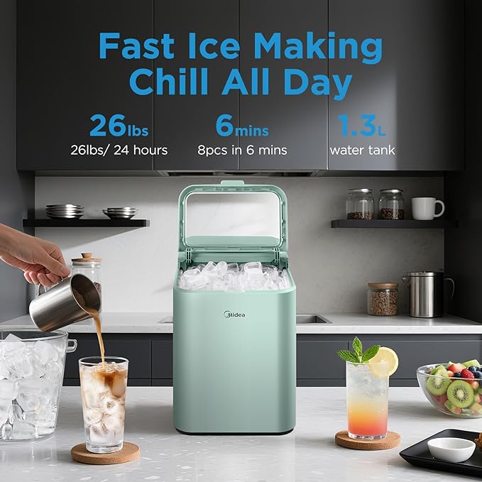 Midea MERI26B1AGN Countertop Bullet-Ice Maker, 8 Ice Bullets Ready in 6 Minutes, 26lbs/24H, Self-Cleaning Function with Ice Scoop and Basket for Home/Office/RV
