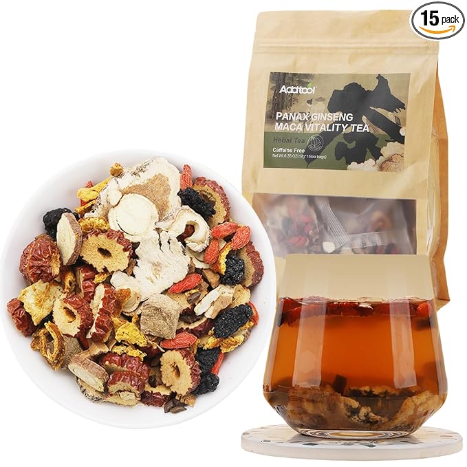 Addtool Maca Ginseng Power Blend Tea，Ginseng-Infused ten Treasure Kidney Tea , for Women & Men。with,Reishi Red Date Wolfberry Mulberry Cassia seed，Premium (180 grams / 15 packs) Each tea bag can be steeped multipletimes.