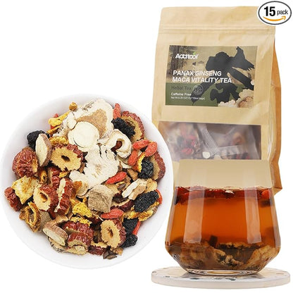 Addtool Maca Ginseng Power Blend Tea，Ginseng-Infused ten Treasure Kidney Tea , for Women & Men。with,Reishi Red Date Wolfberry Mulberry Cassia seed，Premium (180 grams / 15 packs) Each tea bag can be steeped multipletimes.