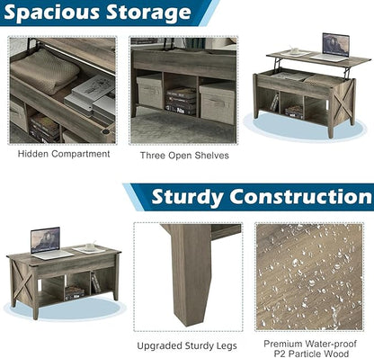 VINGLI Farmhouse Lift Top Coffee Table, Rustic Grey with Storage Shelf/Hidden Compartment, Mesa De Centro para Sala