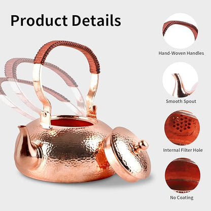 Copper Tea Kettle, Stovetop Teapot with Infuser for Loose Tea, 2000ml Handmade Hammered Kettle, Copper Tea Pot with Infuser, for Gas and Electric Stoves