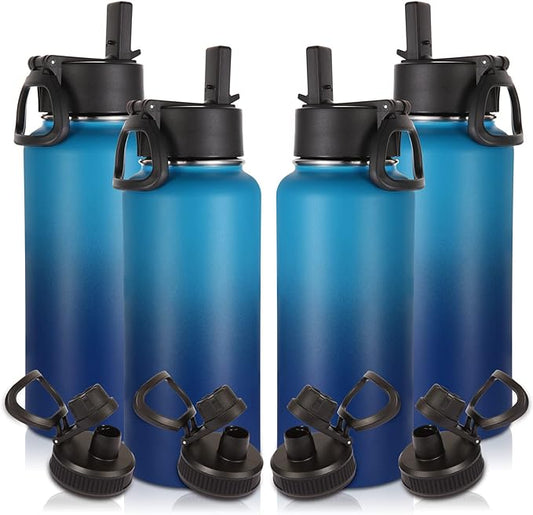 Volhoply 32 oz Water Bottles Bulk 4 Pack with Straw Lid & Spout Lid,Insulated Sports Water Bottle,Double Wall Vacuum Stainless Steel Cups,Leakproof Wide Mouth Metal Flask for Travel(Green Blue,4)